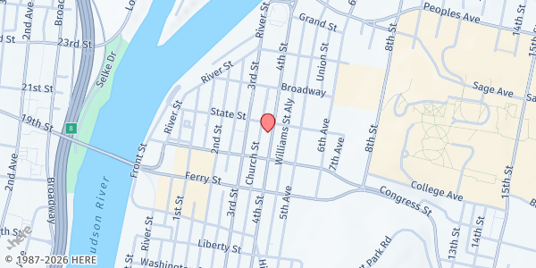 Map showing Roarke Center Food Pantry at 107 Fourth Street, Troy, NY