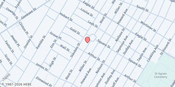 Map showing Johnson Park Center Food Pantry at 1404 West Street, Utica, NY