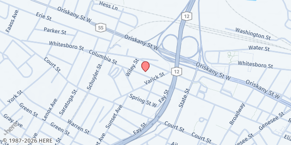 Map showing Mother Marianne West Side Soup Kitchen at 702 Columbia Street, Utica, NY