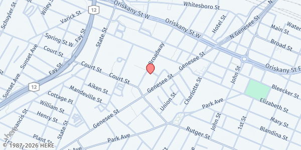 Map showing Westminster Moriah Olivet Food Pantry at 714 Washington St, Utica, NY