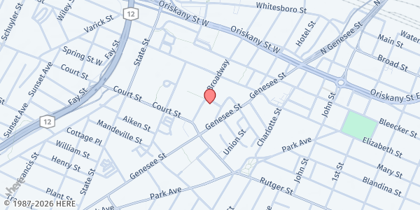 Map showing Westminster Moriah Olivet Pantry at 714 Washington St, Utica, NY