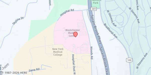 Map showing WESTCHESTER MEDICAL CENTER DISCHARGED PATIENT FOOD PANTRY at 100 WOODS RD., VALHALLA, NY