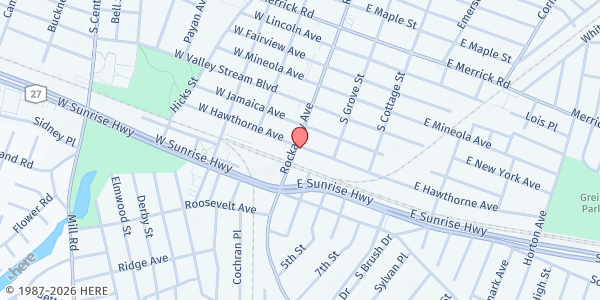 Map showing LIC West Nassau Center for Food Assistance & Community Support at 241 Rockaway Avenue, Valley Stream, NY