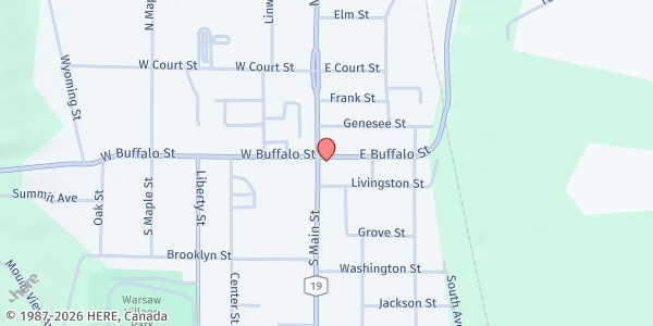 Map showing Warsaw Food Pantry at 22 South Main Street, Warsaw, NY