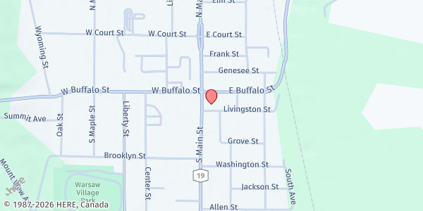 Map showing Warsaw Food Pantry at 22 South Main Street, Warsaw, NY