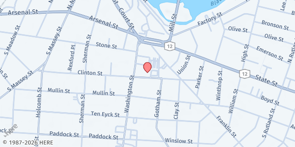 Map showing Watertown Farm & Craft Market - State Office Building Plaza at 245 Washington Street, Watertown, NY