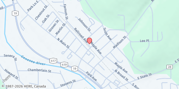 Map showing Catholic Charities Allegany Food Pantry at 67 East Pearl Street, Wellsville, NY