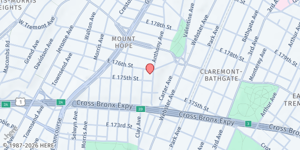 Map showing Guiding Light of Truth Church at 1827 Anthony Avenue, West Bronx, NY