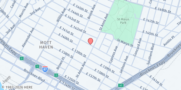 Map showing Mott Haven Community Refrigerator at East 141st Street, West Bronx, NY