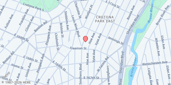 Map showing Word Of Life International, Inc. - Main Location at 1306 Southern Boulevard, West Bronx, NY