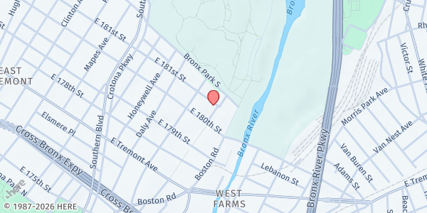 Map showing New Tabernacle Baptist Church at 990 East 181st Street, West Farms, NY