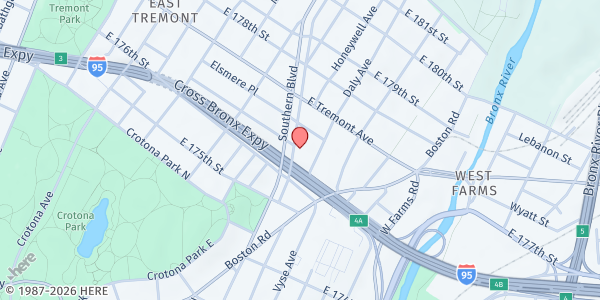 Map showing St. Thomas Aquinas at 1900 Crotona Parkway, West Farms, NY