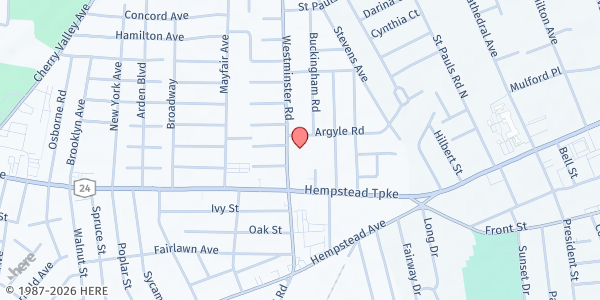 Map showing Jewel Quinn Senior Center at 24 Westminster Road, West Hempstead, NY