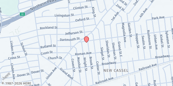 Map showing Abundant Life Ministries in Roosevelt at 700 Prospect Ave, Westbury, NY