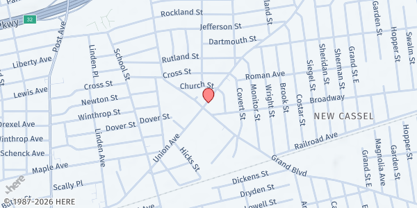 Map showing Holy Trinity Baptist Church at 604 Union Avenue, Westbury, NY