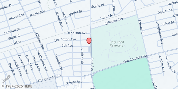 Map showing St. Brigid's Food Pantry at 75 Post Avenue, Westbury, NY