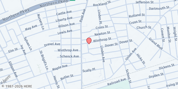 Map showing Westbury Neighborhood Association Food Pantry at 334 Winthrop St, Westbury, NY