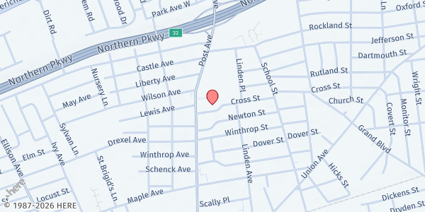 Map showing World Restoration Center at 327 Cross Street, Westbury, NY