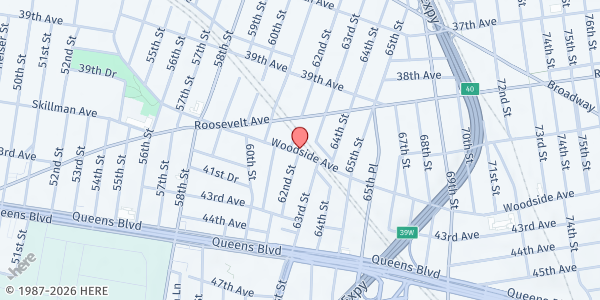 Map showing AIDS CENTER OF QUEENS COUNTY - Woodside Avenue at 62-07 Woodside Avenue, Woodside, NY