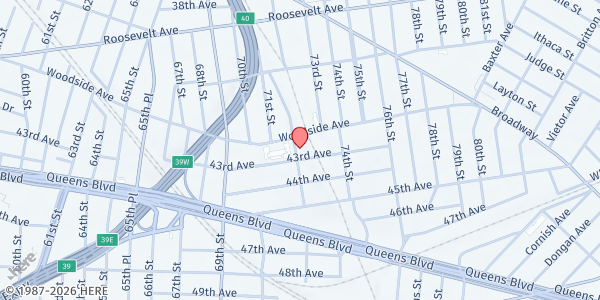 Map showing LOVE XYZ at 72-01 43rd Ave, Woodside, NY