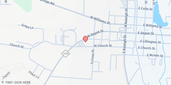 Map showing Angier Area Food Pantry at 455 W. Depot St., Angier, NC