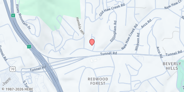 Map showing Fellowship Free Will Baptist Church at 184 New Haw Creek Rd, Asheville, NC