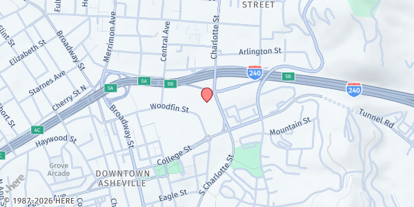Map showing First Baptist Church [HURRICANE RELIEF] at 5 Oak Street, Asheville, NC
