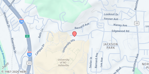 Map showing Food Equity Initiative - UNCA at 1 University Heights, Asheville, NC