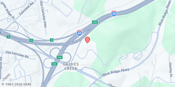 Map showing Gashes Creek Baptist Church at 308 Gashes Creek Rd., Asheville, NC
