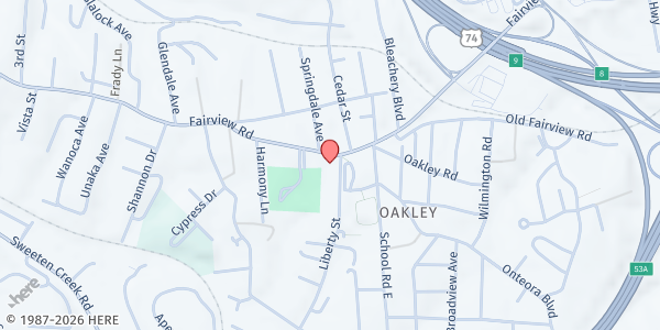 Map showing Oakley / South Asheville Library at 749 Fairview Rd, Asheville, NC