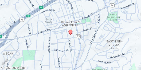 Map showing Saturday Sanctuary - First Pres. Asheville at 40 Church Str, Asheville, NC