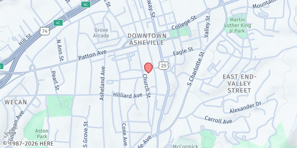 Map showing The Church of the Advocate at 60 Church St., Asheville, NC