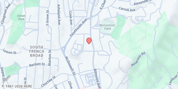 Map showing WNCCHS- Minnie Jones Health Center- Manna Community Market at 257 Biltmore Ave., Asheville, NC