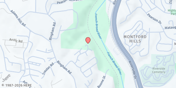 Map showing Woodridge Apartments Produce Market at 61 Bingham Road, Asheville, NC