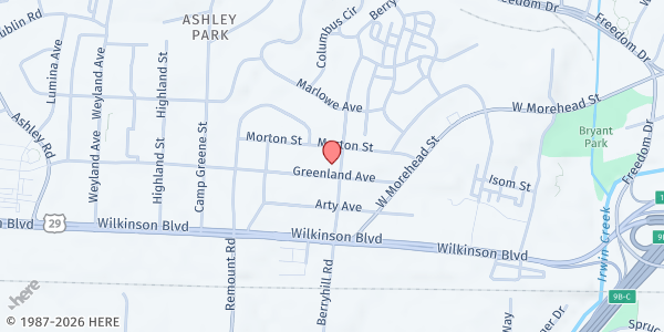 Map showing Loaves & Fishes @ Shiloh IBC at 2400 Greenland Avenue, Ashley Park, NC