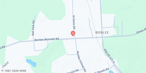 Map showing Bonlee Baptist Church at 25 Al Davis Rd., Bear Creek, NC