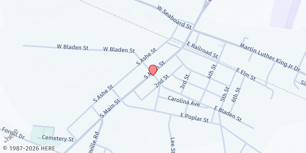 Map showing First Baptist Church of Bladenboro at 500 S. Main St., Bladenboro, NC