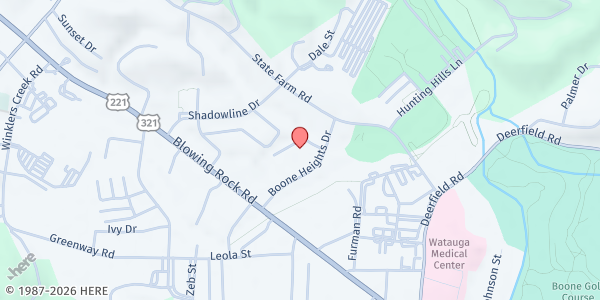 Map showing Harvest House Church at 247 Boone Heights Dr., Boone, NC