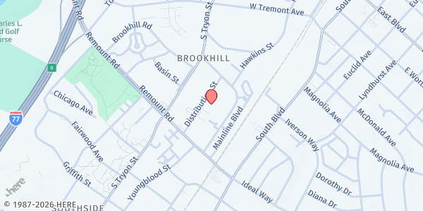 Map showing Community Food Rescue - Food Distribution Center at 2401 Distribution Street, Brookhill, NC