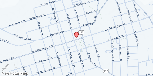 Map showing Pender County Christian Services at 102 E. Wilmington St., Burgaw, NC