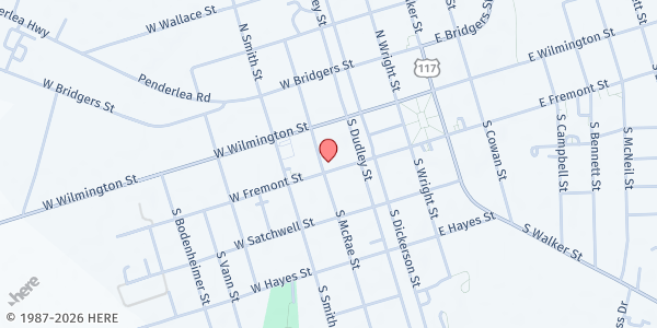 Map showing Pender County Christian Services at 210 W. Fremont St., Burgaw, NC