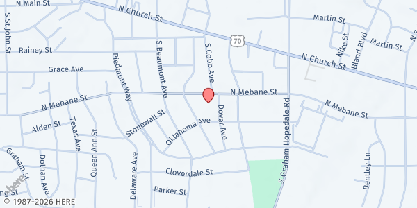 Map showing Piedmont Rescue Mission at 1519 N. Mebane St., Burlington, NC