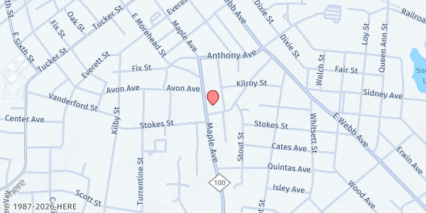 Map showing The RCCG Restoration Food Pantry at 1214 Maple Ave, Burlington, NC