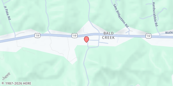 Map showing Bald Creek Relief Distribution Site at 100 Bald Creek School Rd., Burnsville, NC