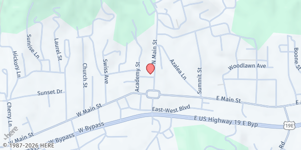 Map showing Higgins Memorial United Methodist Church at 101 N. Main St., Burnsville, NC