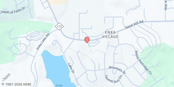 Map showing Enka-Candler Library at 1404 Sand Hill Rd, Candler, NC