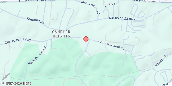 Map showing Hominy Baptist Church at 135 Candler School Rd., Candler, NC