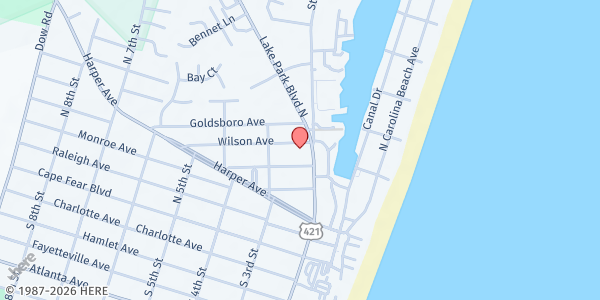 Map showing First Baptist Church Carolina Beach at 409 N. Lake Park Blvd., Carolina Beach, NC