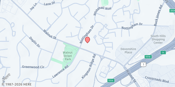Map showing The Point Church at 1503 Walnut Street, Cary, NC