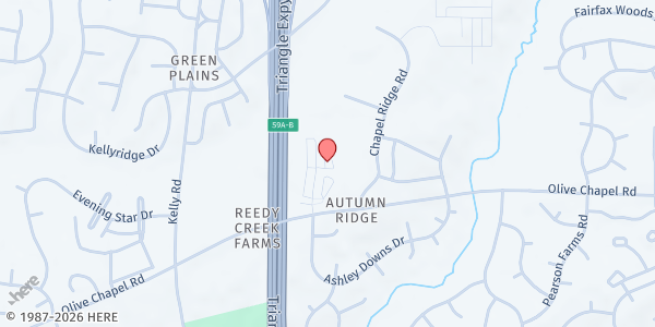 Map showing Western Wake Crisis Ministry Food Pantry at 1600 Olive Chapel Road, Chapel Ridge, NC